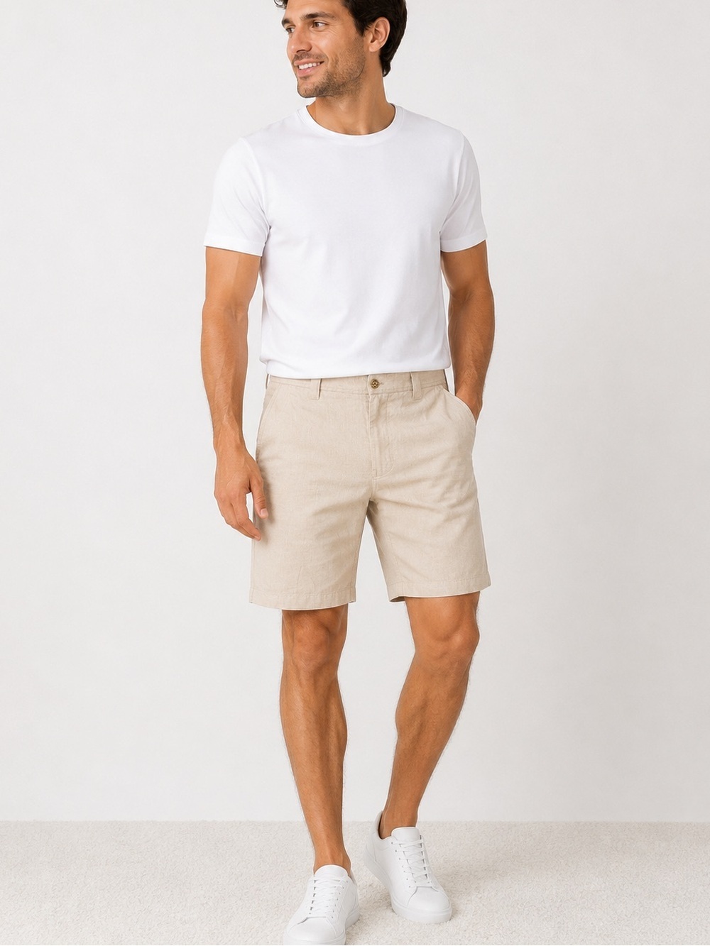 Pelle Pelle Men's Linen Shorts 42 light Beige Oatmeal Studded Hip Hop Streetwear